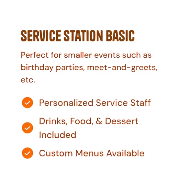 Text describing "Service Station Basic" event package with included staff, food, and custom menus.