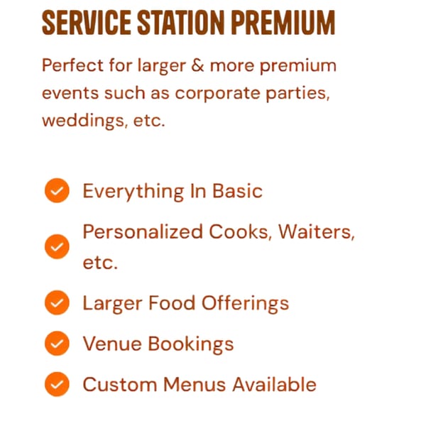 Text describing "Service Station Premium" catering services for events, listing features like personalized staff and custom menus.
