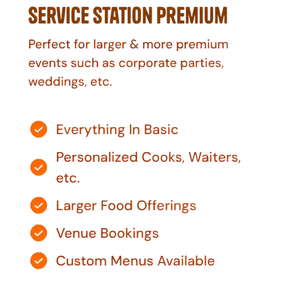 Text describing "Service Station Premium" catering services for large events, including personalized staff and custom menus.