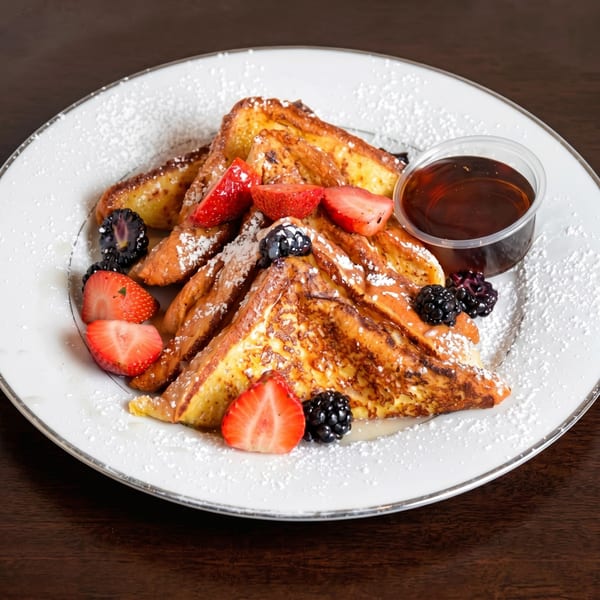 Golden French toast triangles dusted with powdered sugar, topped with fresh strawberries and blackberries, with a side of syrup.