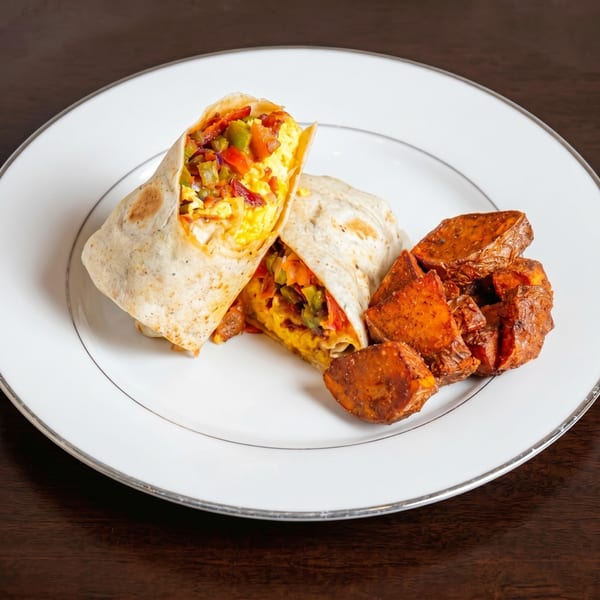 Two breakfast burritos filled with eggs and vegetables, served with roasted sweet potatoes on a white plate.