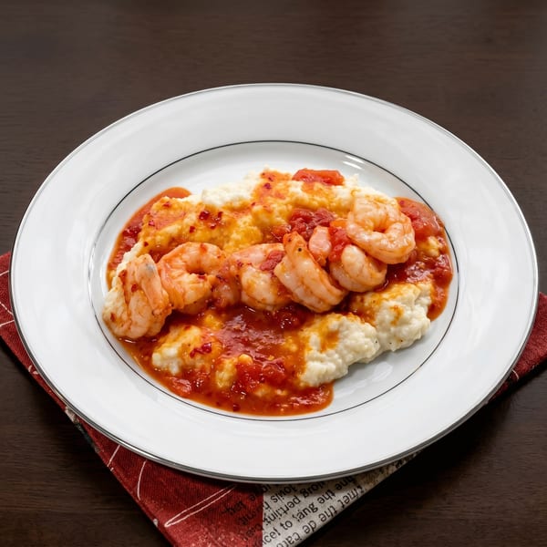 Shrimp and grits with red sauce on a white plate with a red napkin.