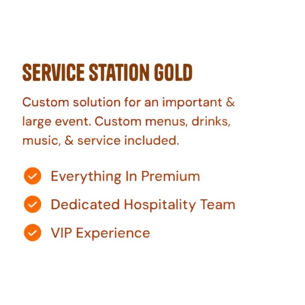 Text describing "Service Station Gold" event package with custom solutions, menus, drinks, music, and VIP experience.