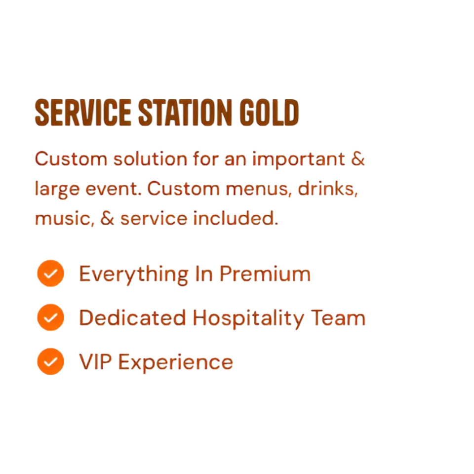 Text describing "Service Station Gold" event package with custom solutions, menus, drinks, music, and VIP experience.