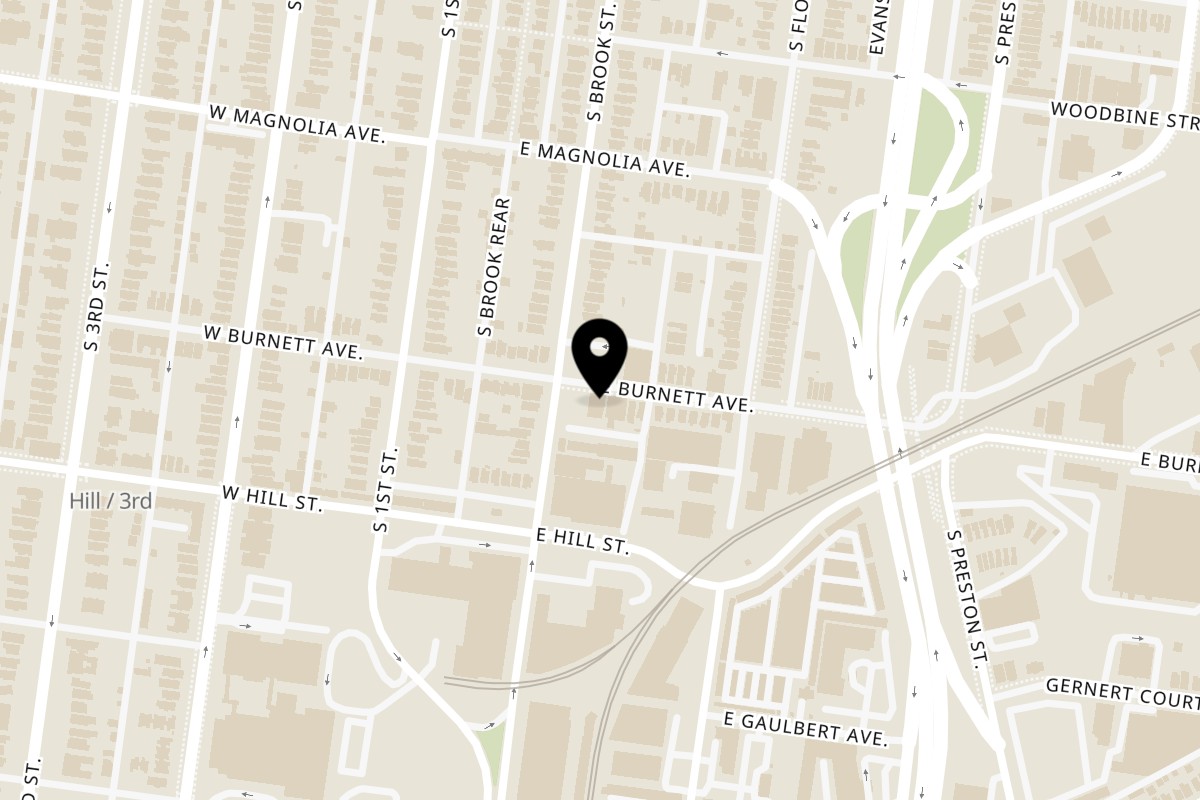 Map showing the location of The Service Station Restaurant on 208 E Burnett Ave in Louisville